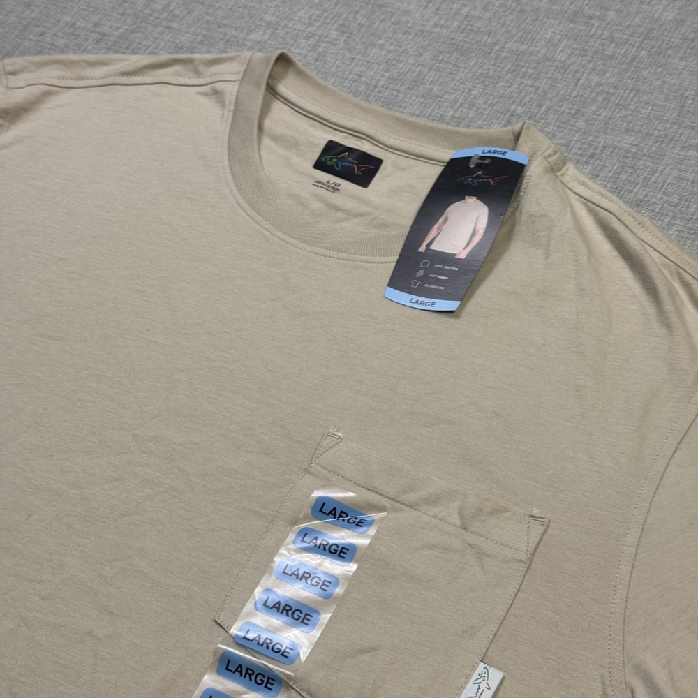 Greg Norman T-Shirt Mens Large Beige Pocket Crew Neck Cotton Relaxed Logo